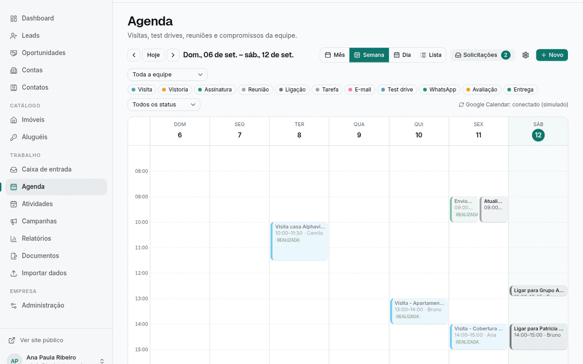 Tela do módulo Agenda e Google Calendar