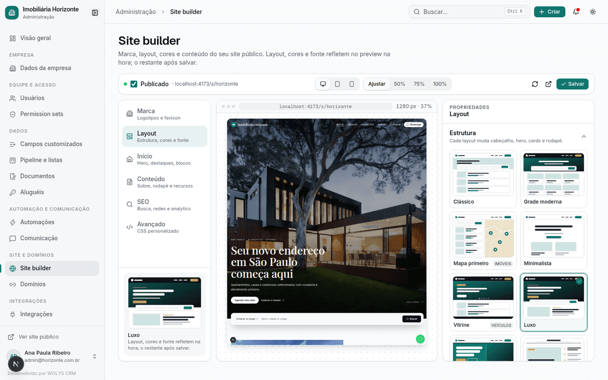 Tela do módulo Site white label com 9 layouts